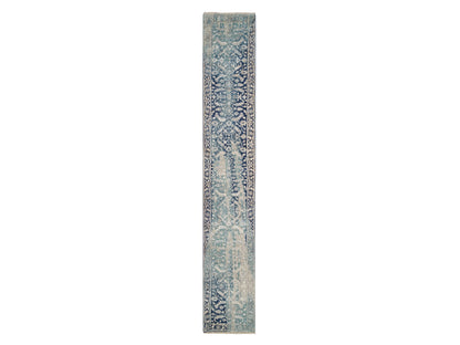 Heriz Transitional hand-knotted wool/silk runner in Teal & Denim Blue, 2'7" x 15'9" — SKU O064367