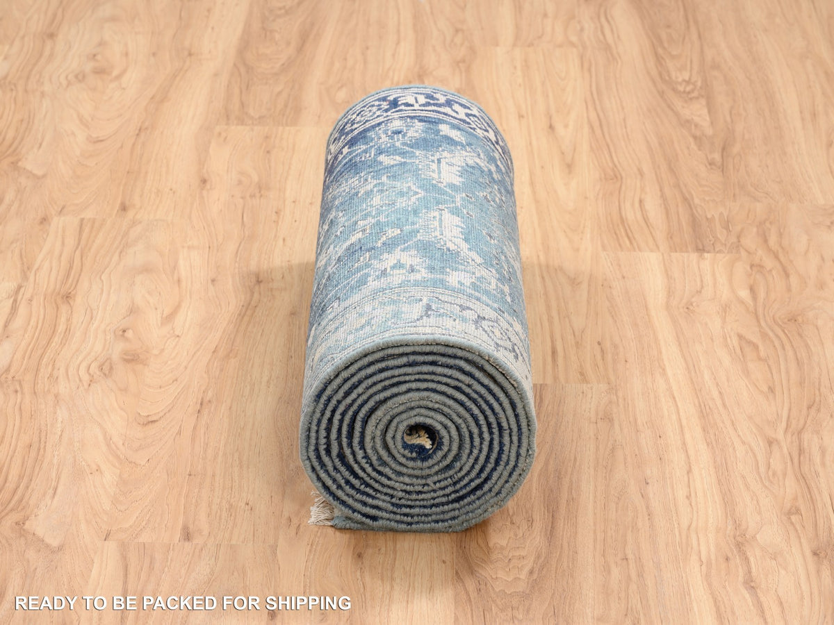 Heriz Transitional hand-knotted wool/silk runner in Teal & Denim Blue, 2'7" x 15'9" — SKU O064367 (view 6)