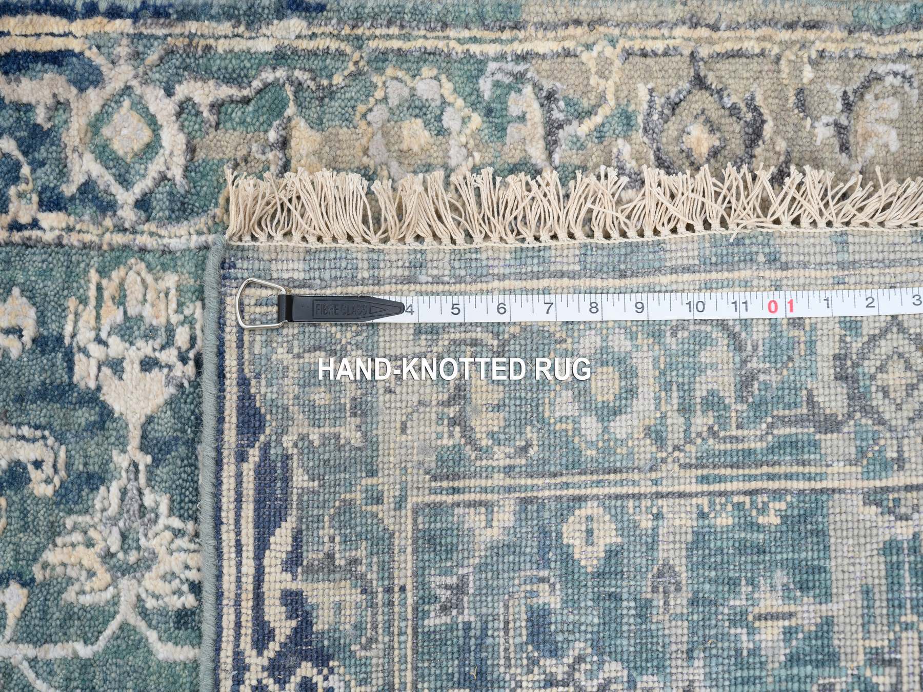 Heriz Transitional hand-knotted wool/silk runner in Teal & Denim Blue, 2'7" x 15'9" — SKU O064367 (view 8)