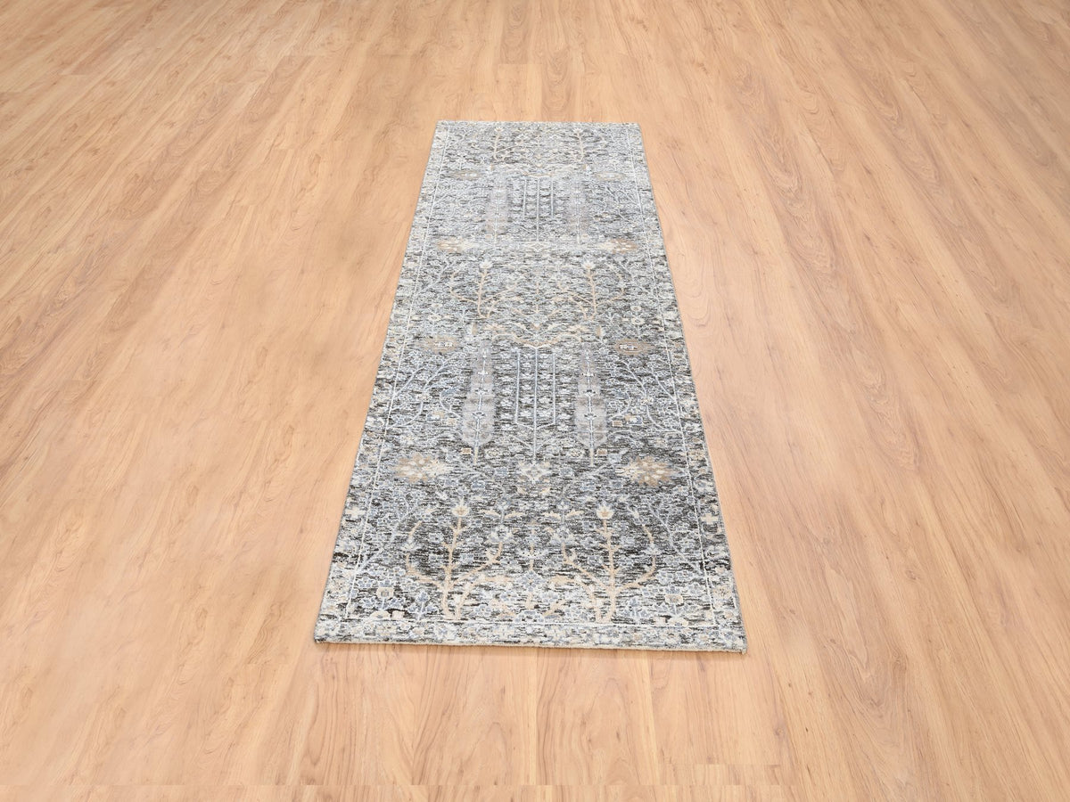 Transitional hand-knotted wool/silk runner in Black, 2'7" x 8'3" — SKU O064422 (view 2)