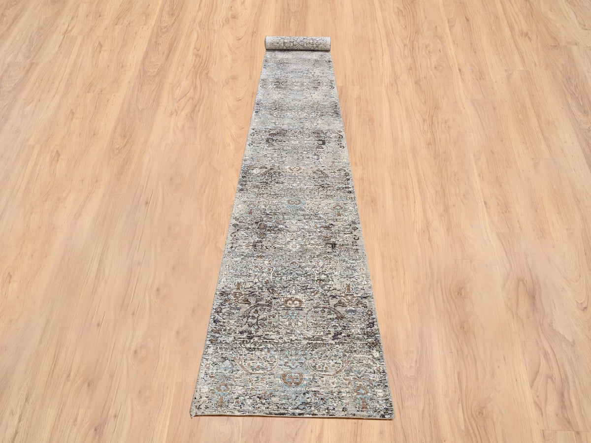 Transitional hand-knotted wool/silk runner in Brown, 2'7" x 22'3" — SKU O064423 (view 2)