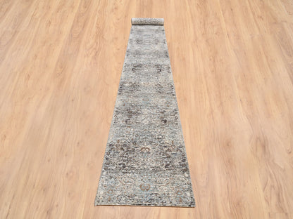 Brown 2'7" x 22'3" Transitional Hand knotted Wool/Silk Rug - Sku: O064423