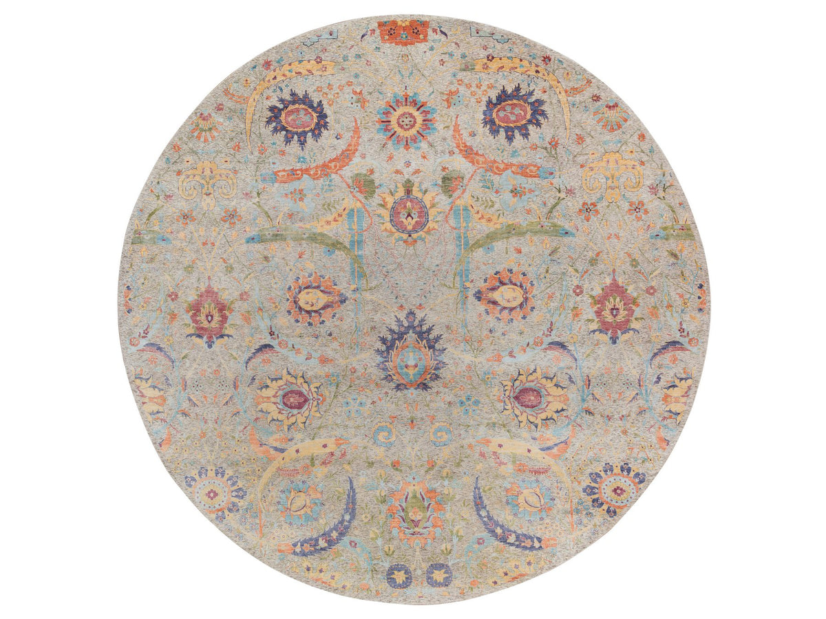 Transitional hand-knotted wool/silk rug in Ivory, 13'7" x 13'7" — SKU O064436