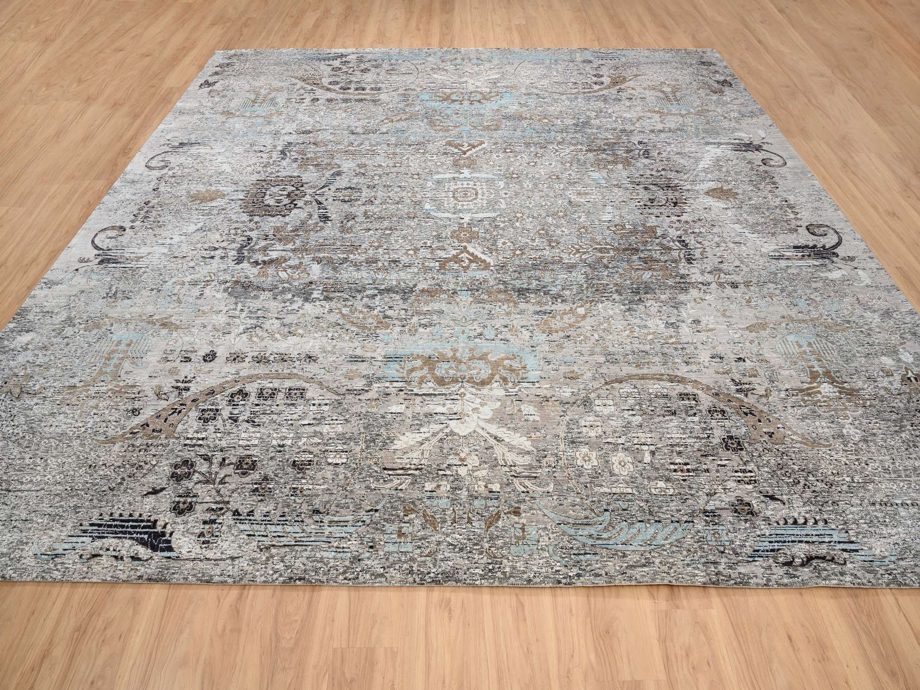 Transitional hand-knotted wool/silk rug in Brown, 14' x 14'1" — SKU O064442 (view 2)
