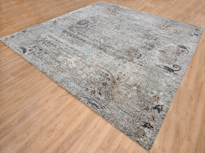 Brown 14'0" x 14'1" Transitional Hand knotted Wool/Silk Rug - Sku: O064442