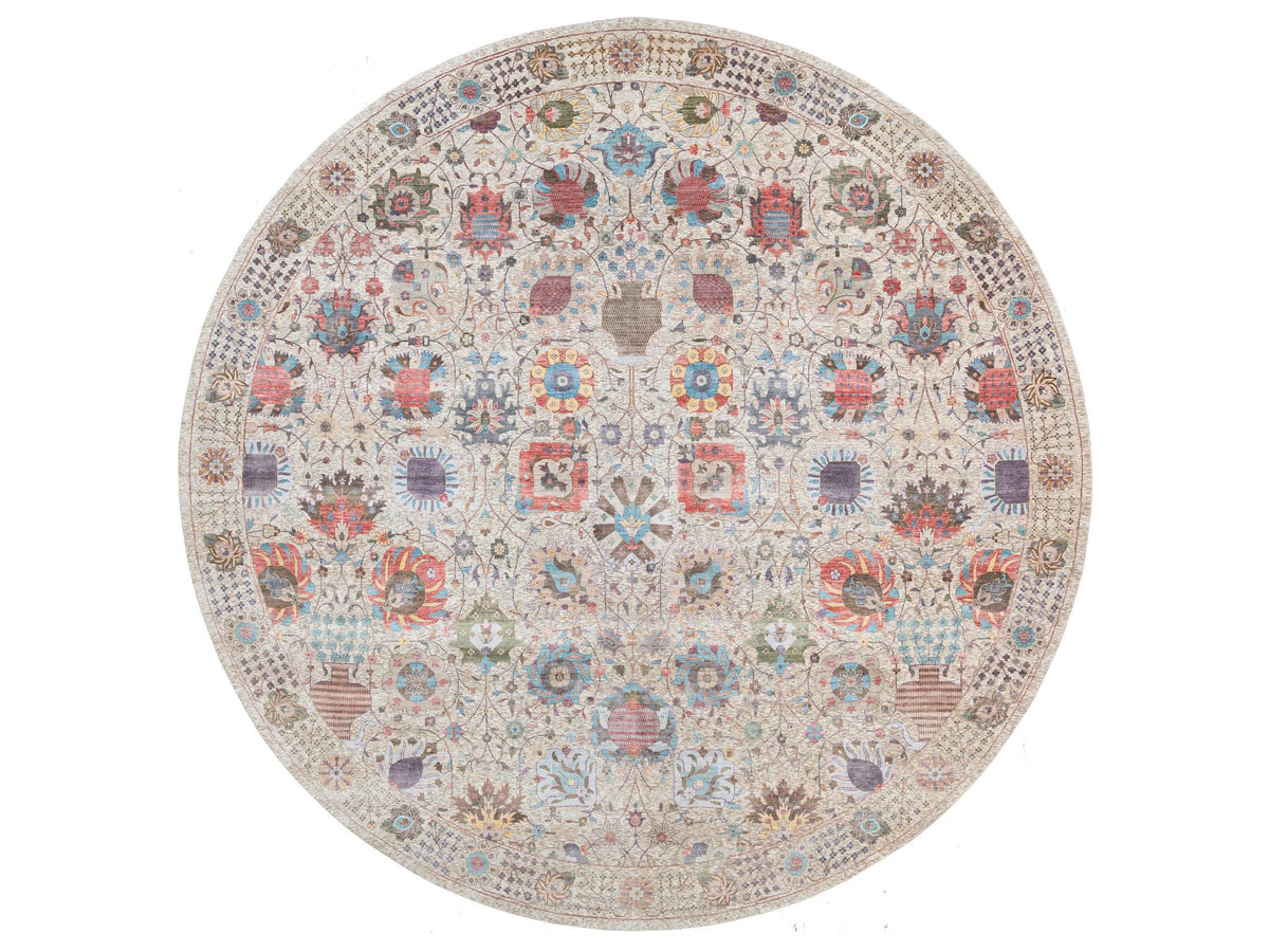 Tabriz Transitional hand-knotted wool/silk rug in Multicolored & Ivory, 14'1" x 14'1" — SKU O064443