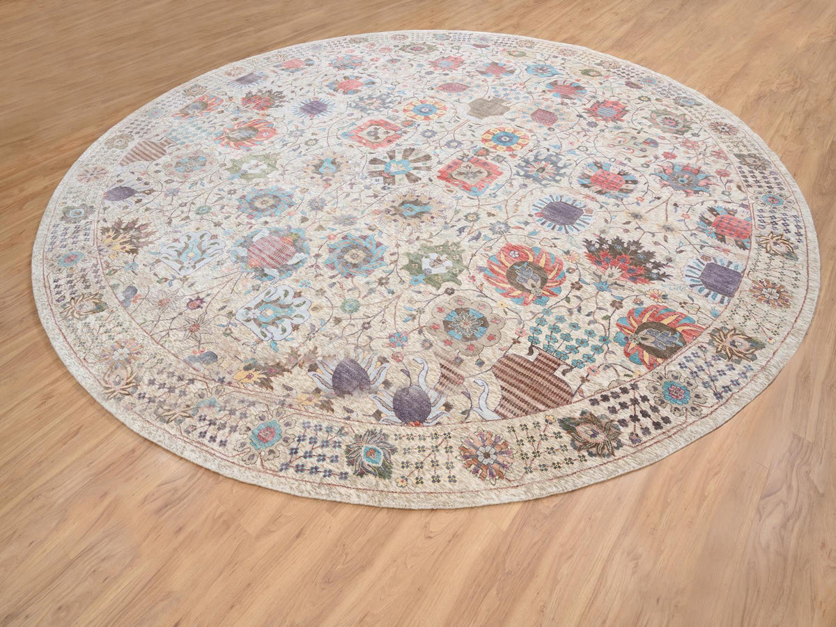 Tabriz Transitional hand-knotted wool/silk rug in Multicolored & Ivory, 14'1" x 14'1" — SKU O064443 (view 3)