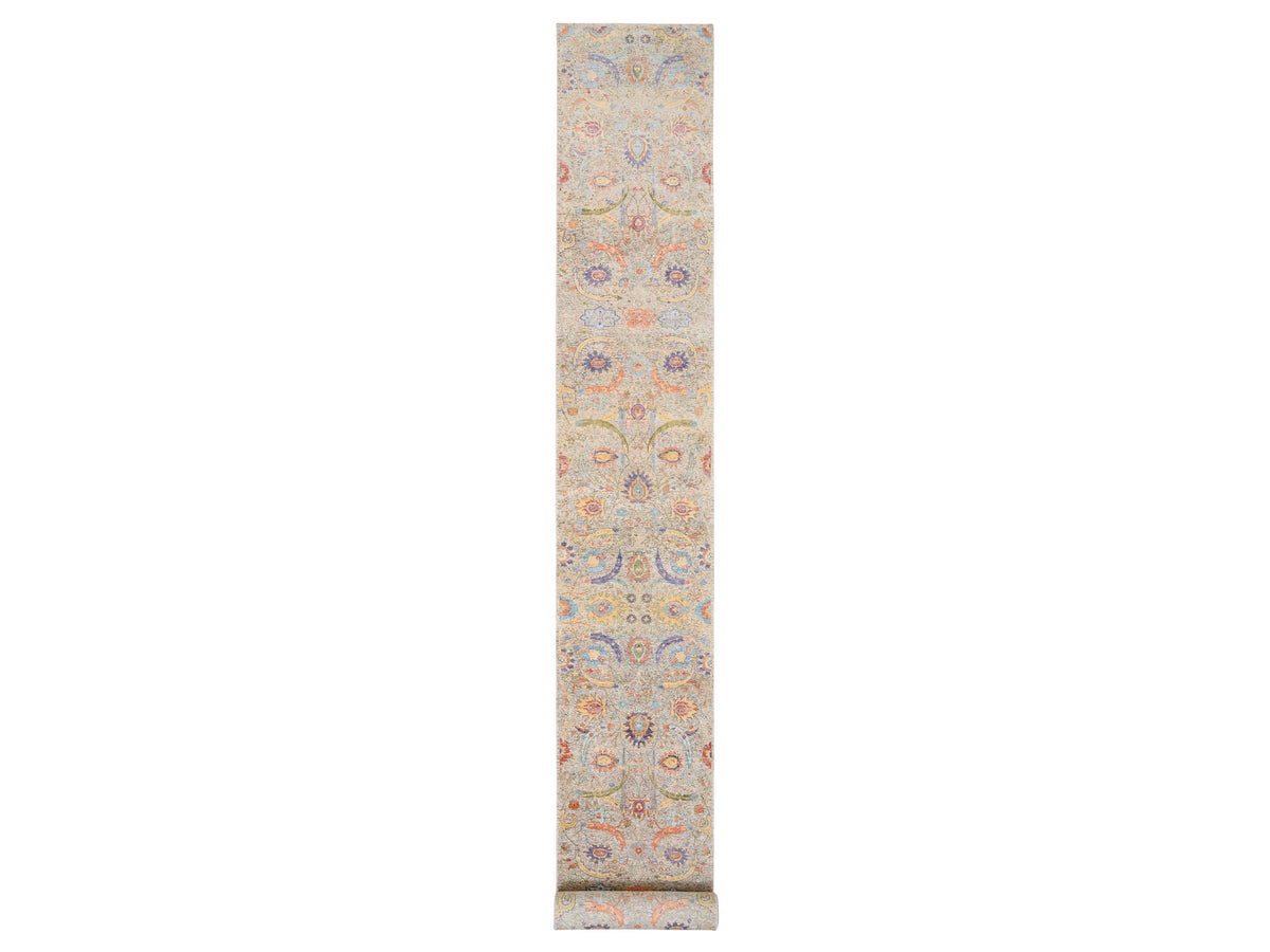 Transitional hand-knotted wool/silk runner in Beige, 2'7" x 22'2" — SKU O064445