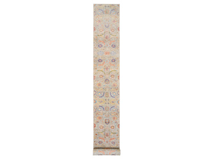 Beige 2'7" x 22'2" Transitional Hand knotted Wool/Silk Rug - Sku: O064445