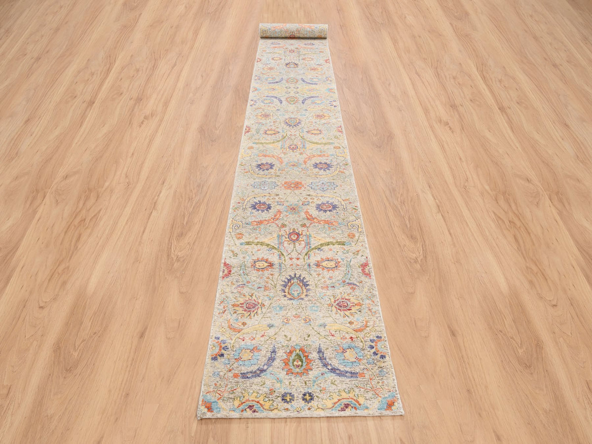 Transitional hand-knotted wool/silk runner in Beige, 2'7" x 22'2" — SKU O064445 (view 2)