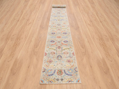 Beige 2'7" x 22'2" Transitional Hand knotted Wool/Silk Rug - Sku: O064445