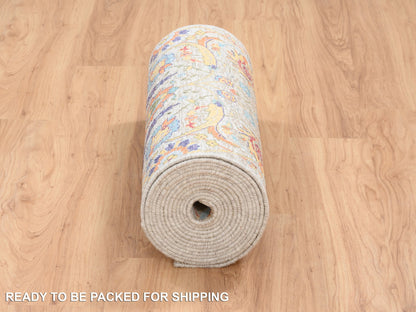 Beige 2'7" x 22'2" Transitional Hand knotted Wool/Silk Rug - Sku: O064445