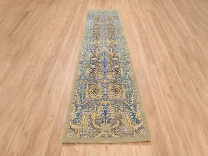 Brown 2'6" x 12'1" Transitional Hand knotted Wool/Silk Rug - Sku: O064447