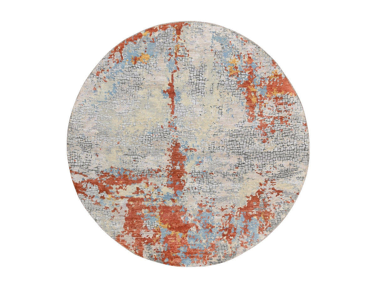 Modern / Contemporary hand-knotted wool/silk rug in Orange, 5'10" x 5'10" — SKU O064487