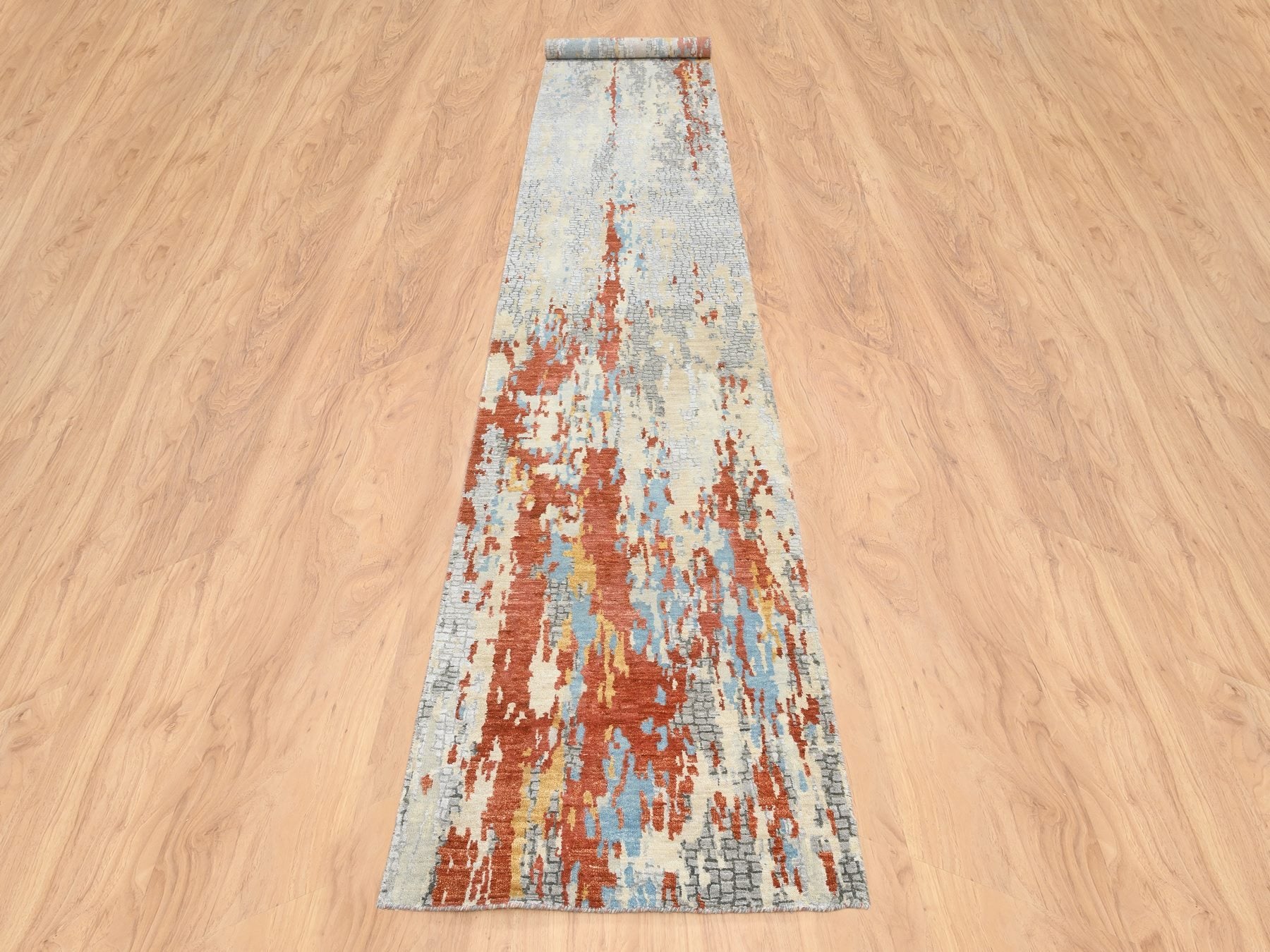 Modern / Contemporary hand-knotted wool/silk runner in Orange, 2'6" x 17'8" — SKU O064539 (view 2)
