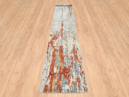 Modern / Contemporary hand-knotted wool/silk runner in Orange, 2'6" x 17'8" — SKU O064539 (view 2)