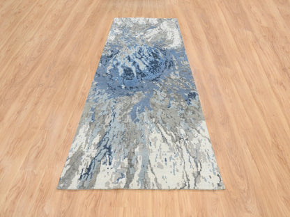 Blue 4'2" x 11'9" Modern and Contemporary Hand knotted Wool/Silk Rug - Sku: O064551