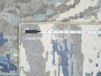 Blue 4'2" x 11'9" Modern and Contemporary Hand knotted Wool/Silk Rug - Sku: O064551