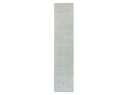 Blue 2'6" x 12'0" Transitional Handloom Wool/Silk Rug - Sku: O064555