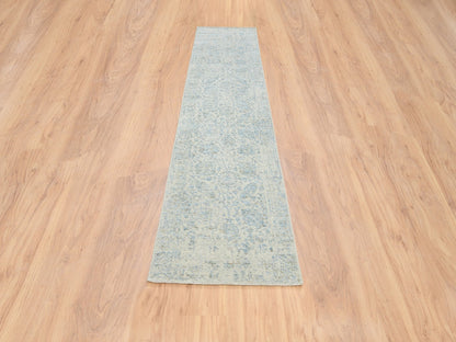 Blue 2'6" x 12'0" Transitional Handloom Wool/Silk Rug - Sku: O064555