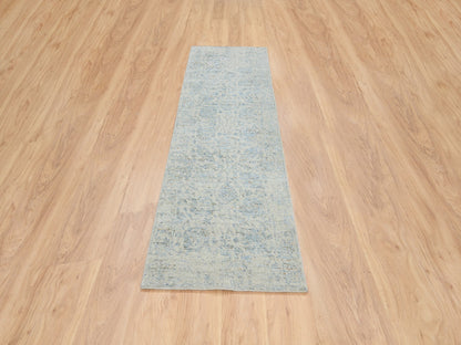 Blue 2'6" x 8'0" Transitional Handloom Wool/Silk Rug - Sku: O064558