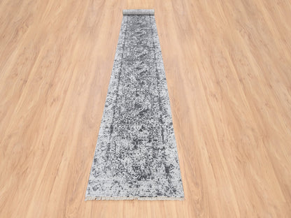Transitional hand-knotted wool/silk runner in Gray, 2'7" x 18'1" — SKU O064559 (view 2)