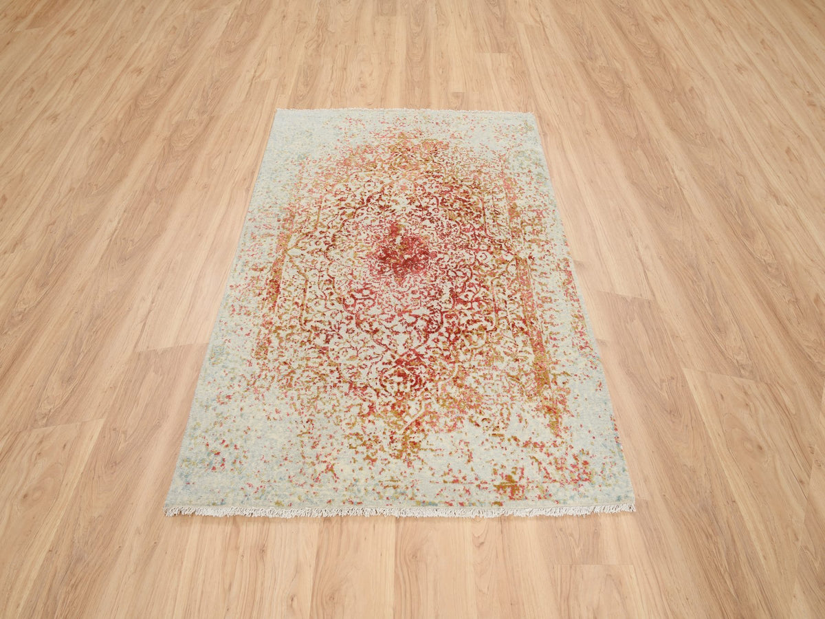 Modern / Contemporary hand-knotted wool/silk rug in Pink, 4'2" x 6' — SKU O064561 (view 2)