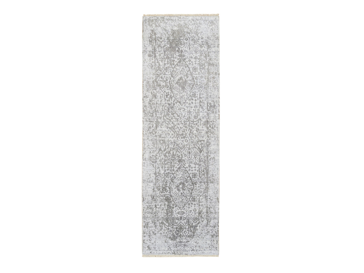 Transitional hand-knotted wool/silk runner in Gray, 2'6" x 8' — SKU O064600