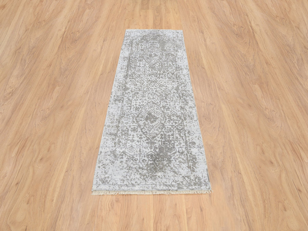 Transitional hand-knotted wool/silk runner in Gray, 2'6" x 7'10" — SKU O064603 (view 2)