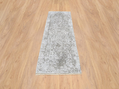 Transitional hand-knotted wool/silk runner in Gray, 2'6" x 7'10" — SKU O064603 (view 2)