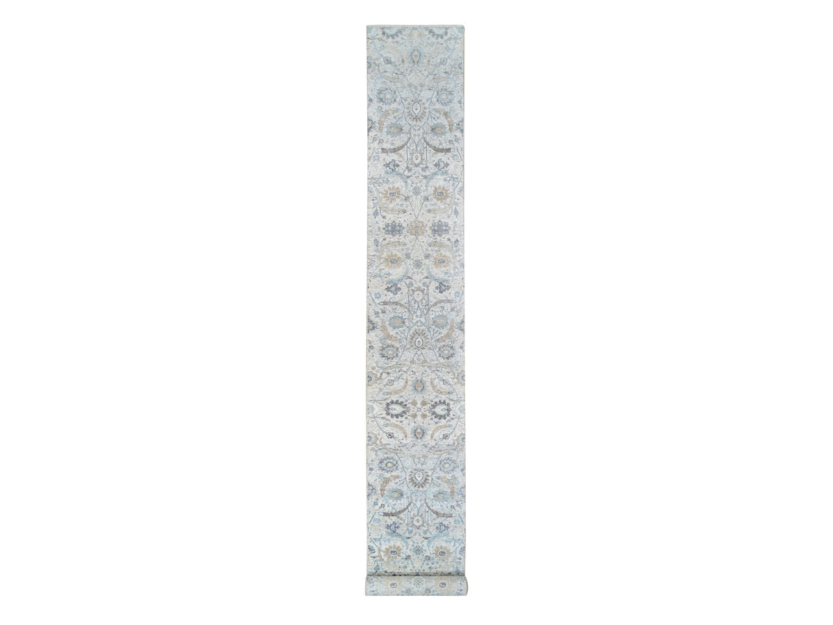 Transitional hand-knotted wool/silk runner in Ivory, 2'6" x 18'1" — SKU O064652
