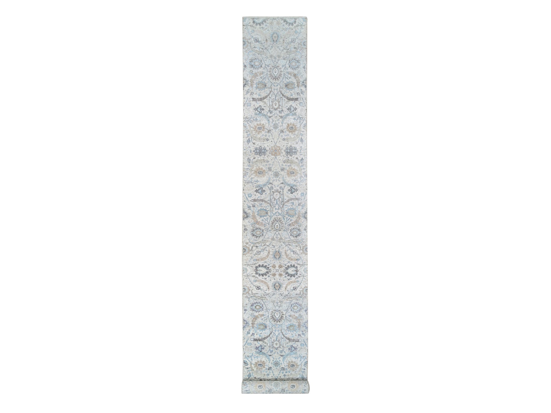 Transitional hand-knotted wool/silk runner in Ivory, 2'6" x 18'1" — SKU O064652