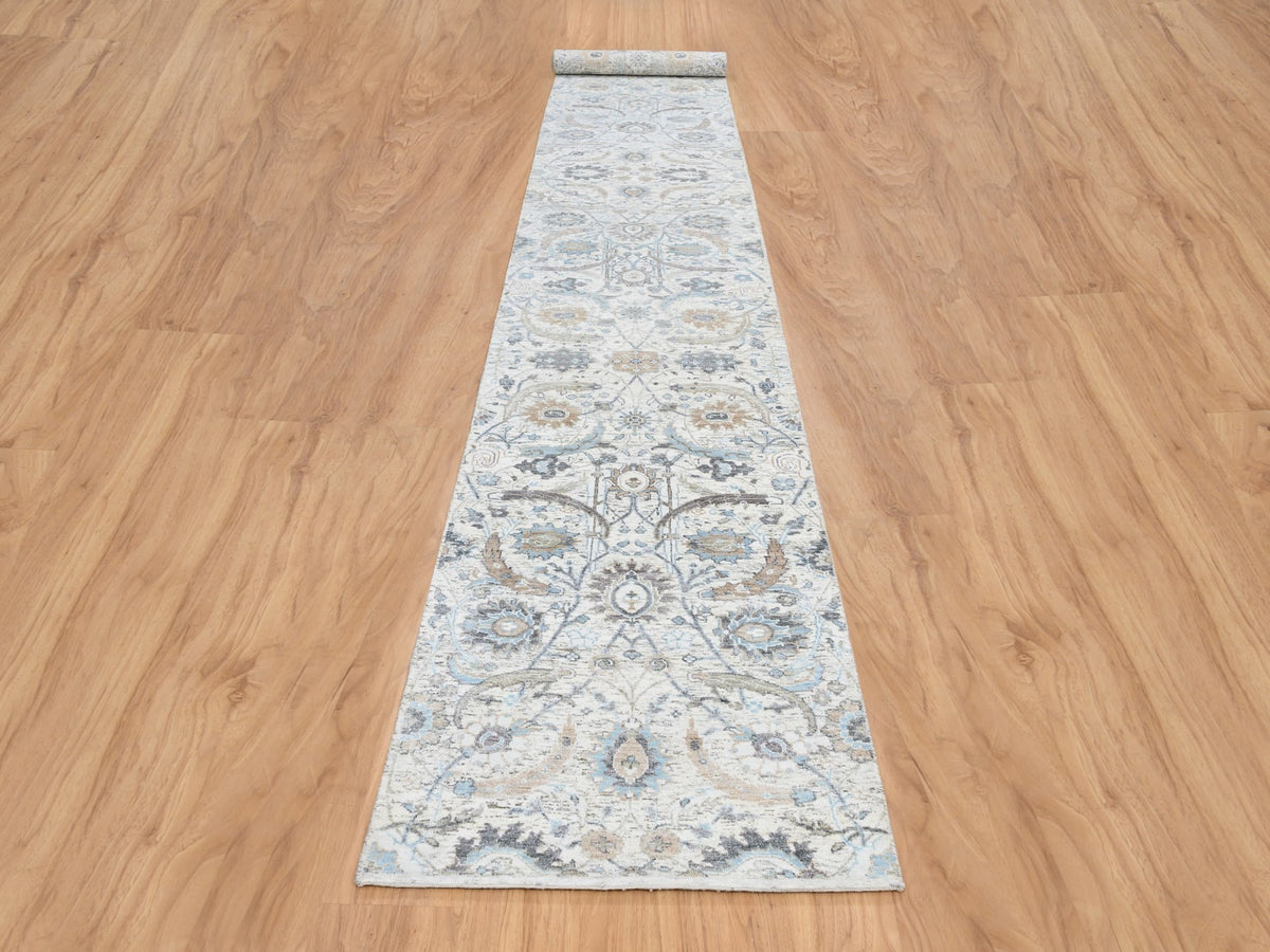 Transitional hand-knotted wool/silk runner in Ivory, 2'6" x 18'1" — SKU O064652 (view 2)