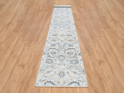 Transitional hand-knotted wool/silk runner in Ivory, 2'6" x 18'1" — SKU O064652 (view 2)