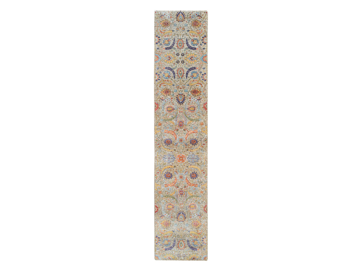 Transitional hand-knotted wool/silk runner in Ivory, 2'7" x 12'4" — SKU O064653