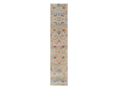 Transitional hand-knotted wool/silk runner in Ivory, 2'7" x 12'4" — SKU O064653