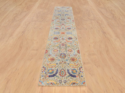 Transitional hand-knotted wool/silk runner in Ivory, 2'7" x 12'4" — SKU O064653 (view 2)