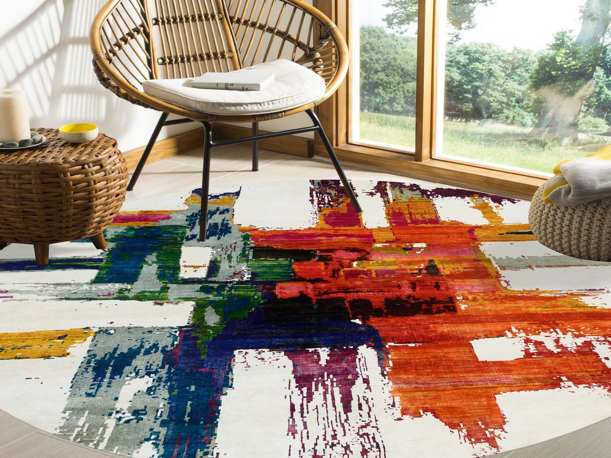Modern / Contemporary hand-knotted wool/silk rug in Multicolored, 8'9" x 8'9" — SKU O064665 (view 2)