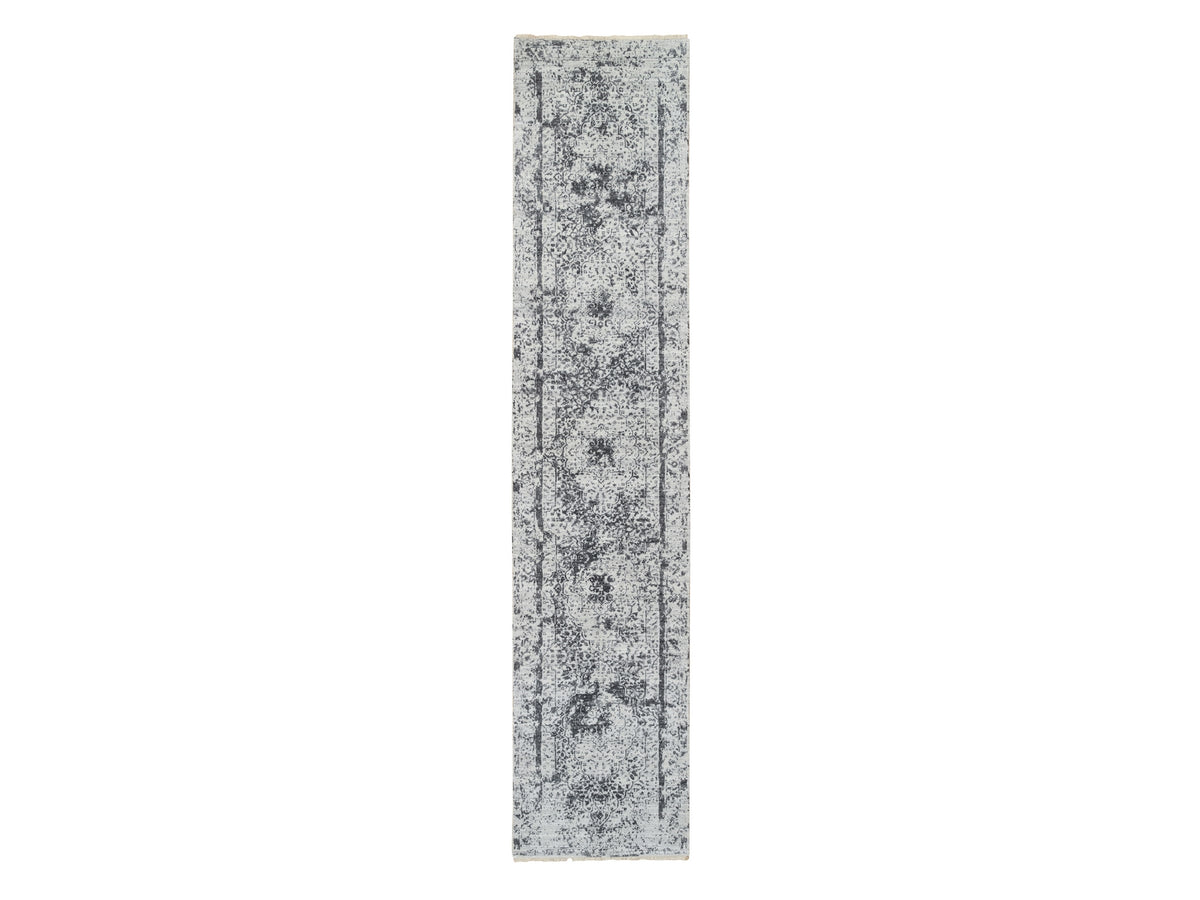 Transitional hand-knotted wool/silk runner in Gray, 2'7" x 12' — SKU O064834