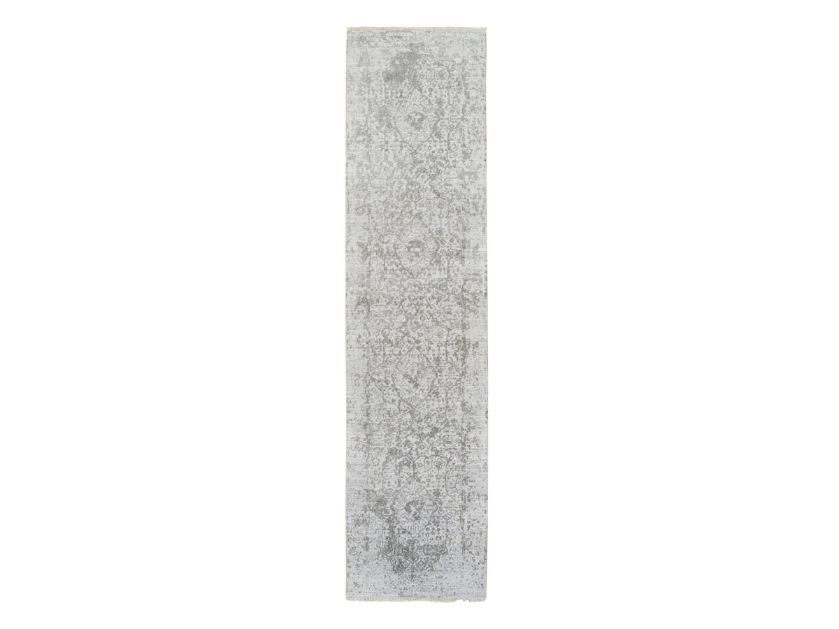 Transitional hand-knotted wool/silk runner in Gray, 2'6" x 12'1" — SKU O064845