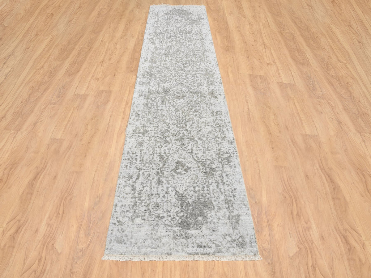 Transitional hand-knotted wool/silk runner in Gray, 2'6" x 12'1" — SKU O064845 (view 2)