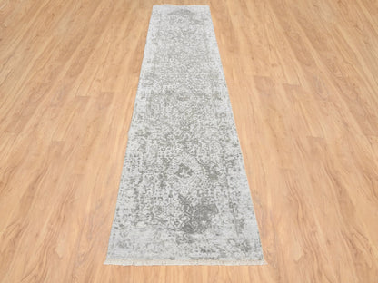 Transitional hand-knotted wool/silk runner in Gray, 2'6" x 12'1" — SKU O064845 (view 2)