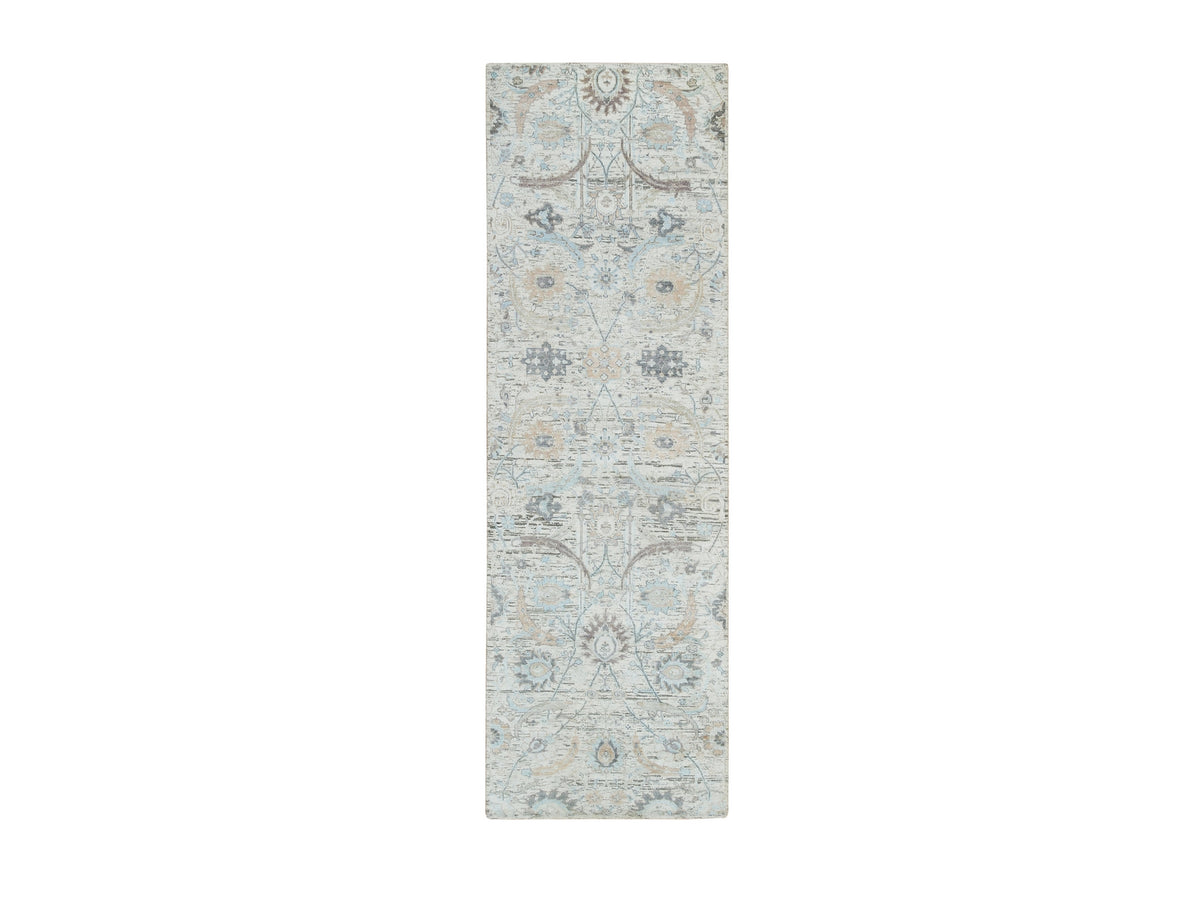 Transitional hand-knotted wool/silk runner in Ivory, 2'7" x 8'2" — SKU O064886