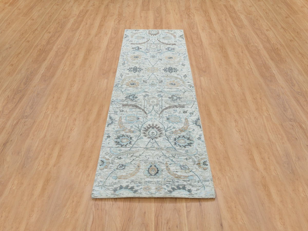 Transitional hand-knotted wool/silk runner in Ivory, 2'7" x 8'2" — SKU O064886 (view 2)