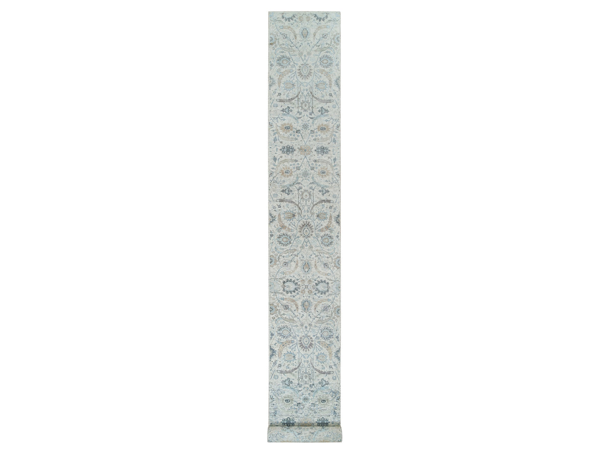 Transitional hand-knotted wool/silk runner in Ivory, 2'6" x 20' — SKU O064891