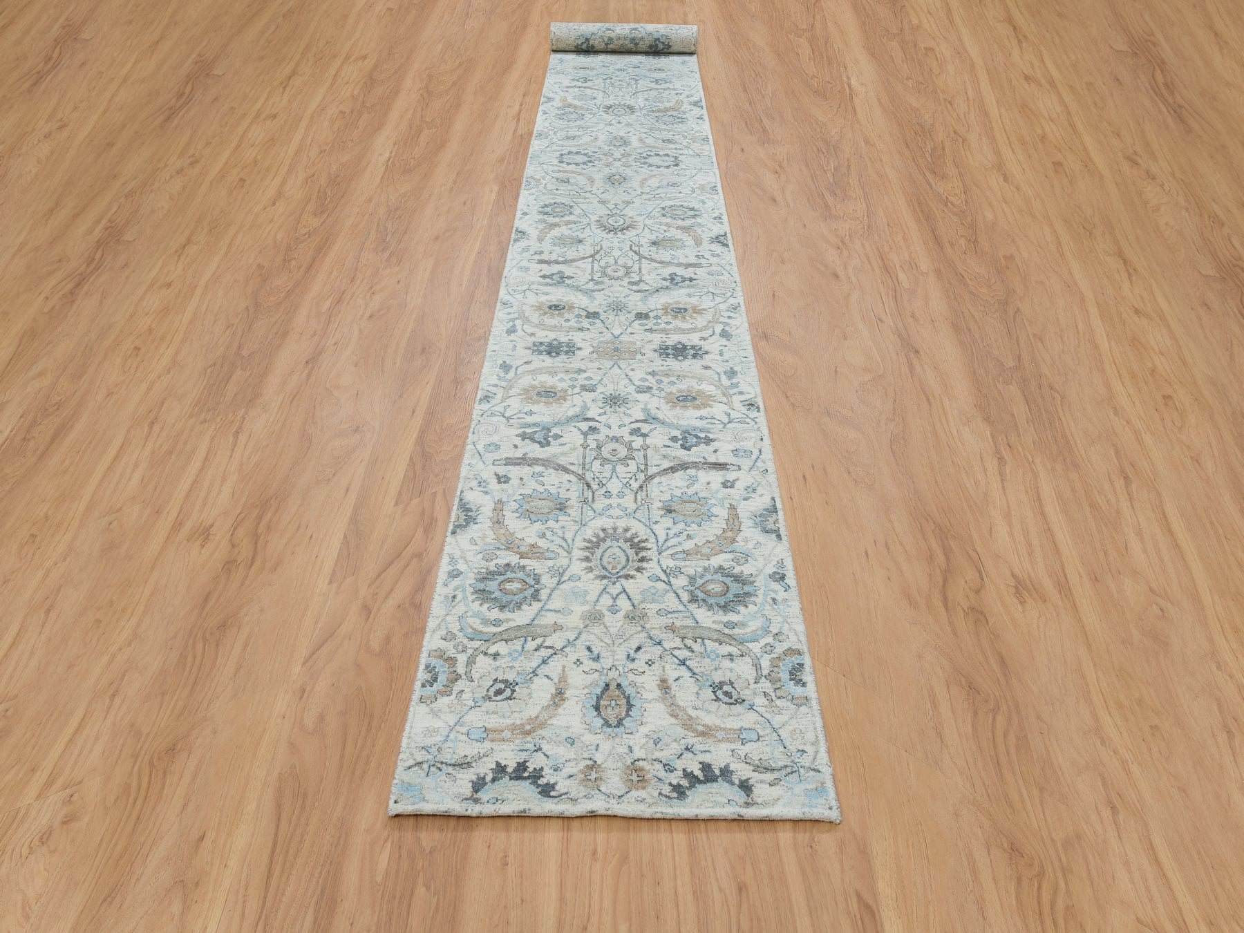 Transitional hand-knotted wool/silk runner in Ivory, 2'6" x 20' — SKU O064891 (view 2)