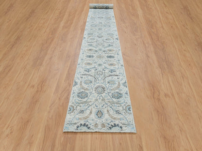 Transitional hand-knotted wool/silk runner in Ivory, 2'6" x 20' — SKU O064891 (view 2)