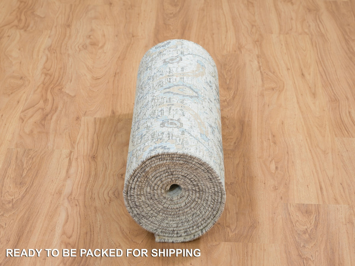 Transitional hand-knotted wool/silk runner in Ivory, 2'6" x 20' — SKU O064891 (view 6)