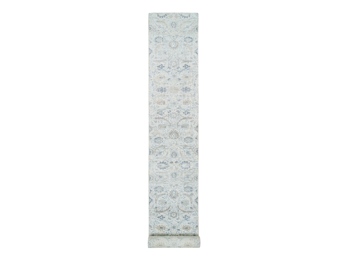 Transitional hand-knotted wool/silk runner in Ivory, 2'6" x 23'10" — SKU O064903