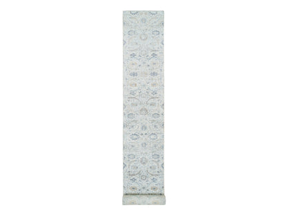 Transitional hand-knotted wool/silk runner in Ivory, 2'6" x 23'10" — SKU O064903